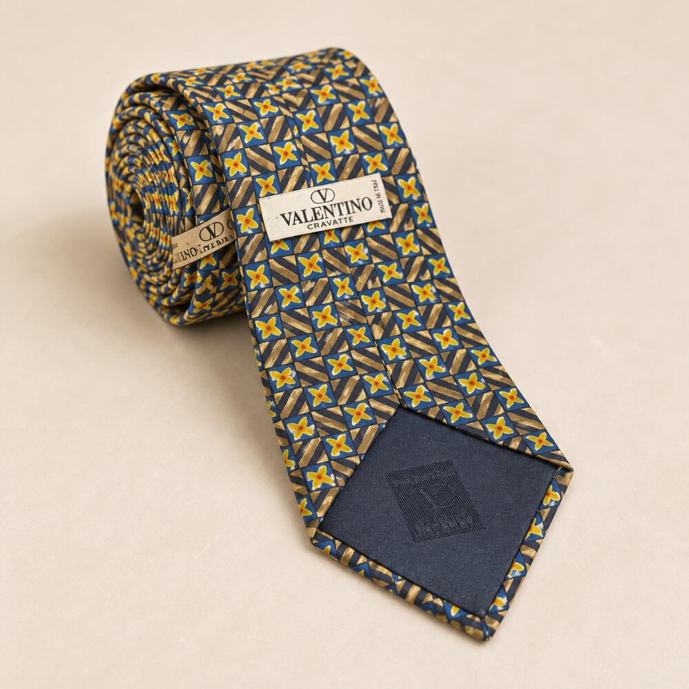 Valentino Cravatte Mens Neck Blue Black Yellow Floral Silk Tie